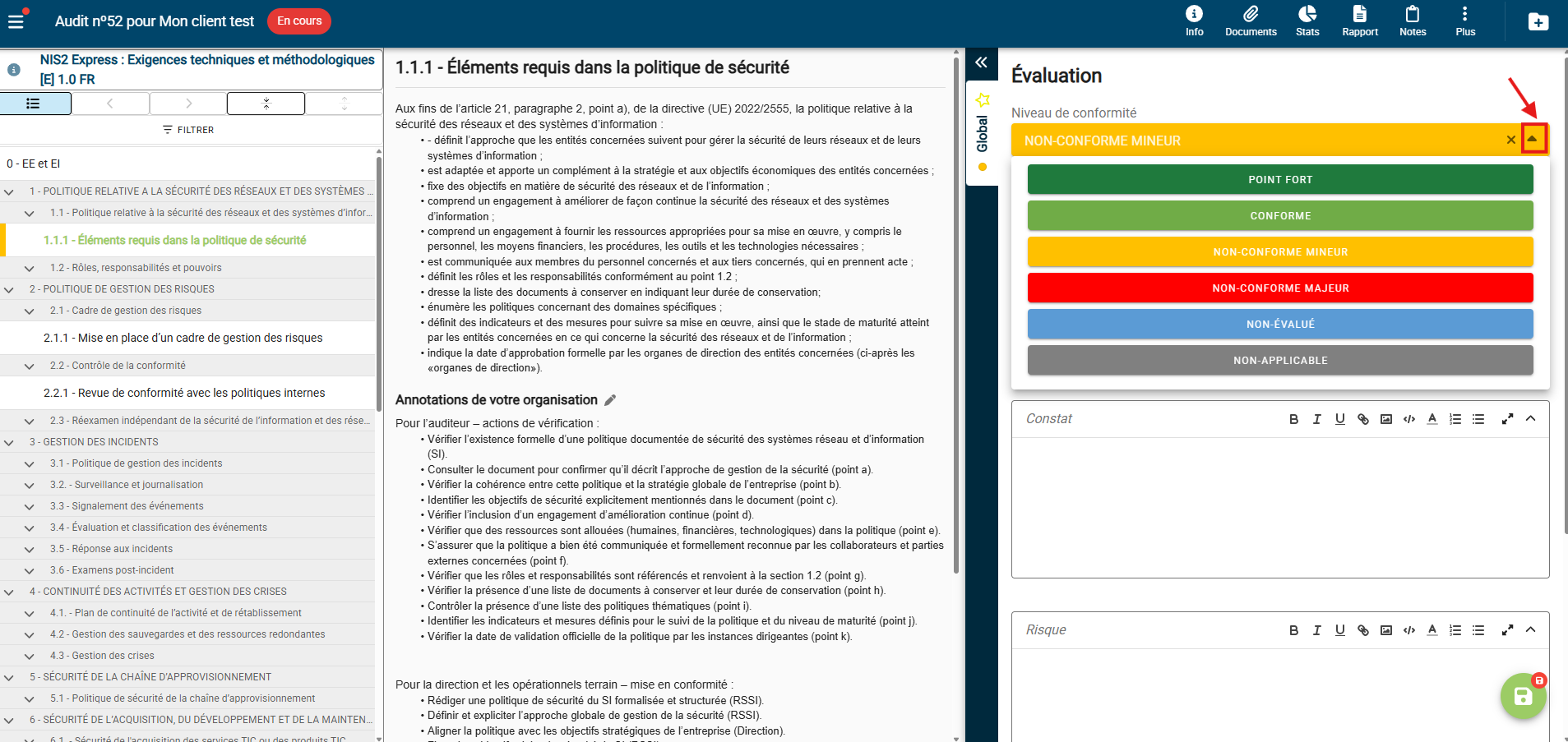 Espace de travail Auditool : référentiel à gauche, moyen sélectionné au centre, fiche d'évaluation à droite avec niveau de conformité, constat et risque